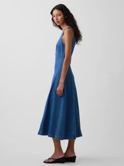 Denim Seamed Zip-Front Midi Dress