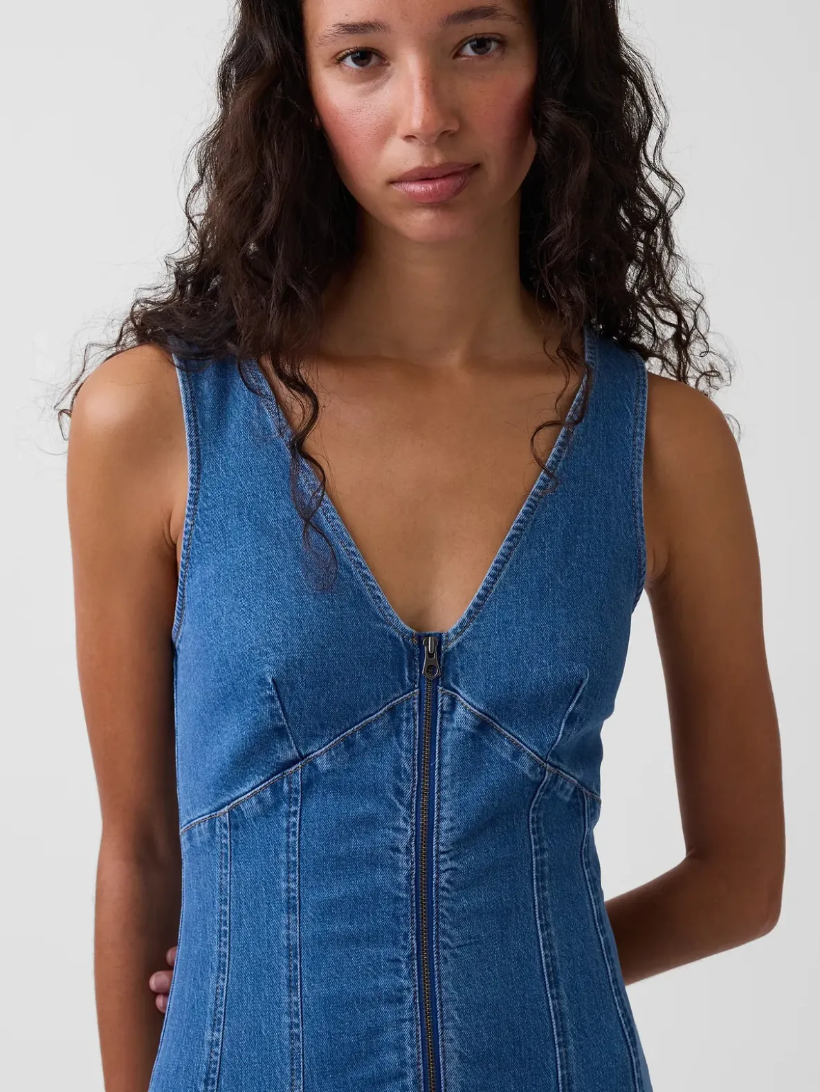 Denim Seamed Zip-Front Midi Dress