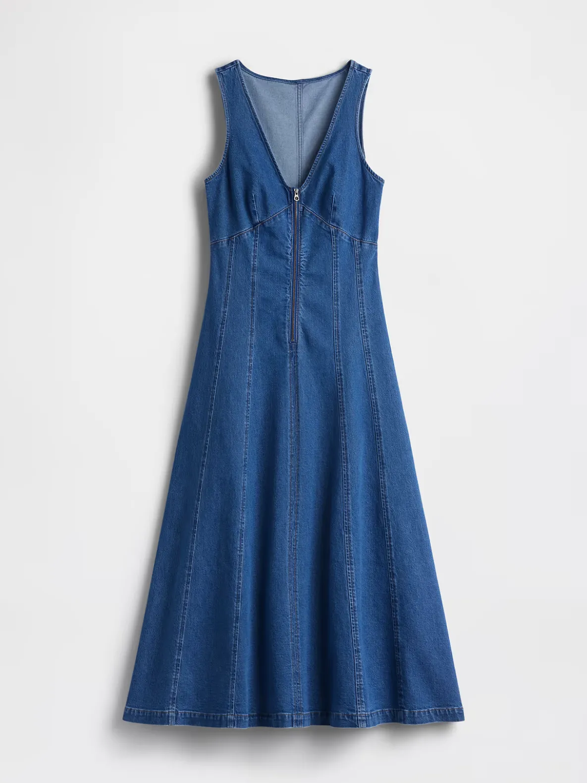 Denim Seamed Zip-Front Midi Dress