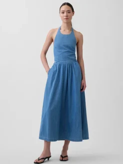 Denim Tie-Back Halter Maxi Dress