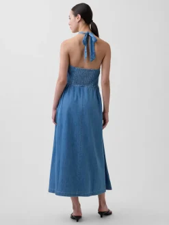 Denim Tie-Back Halter Maxi Dress
