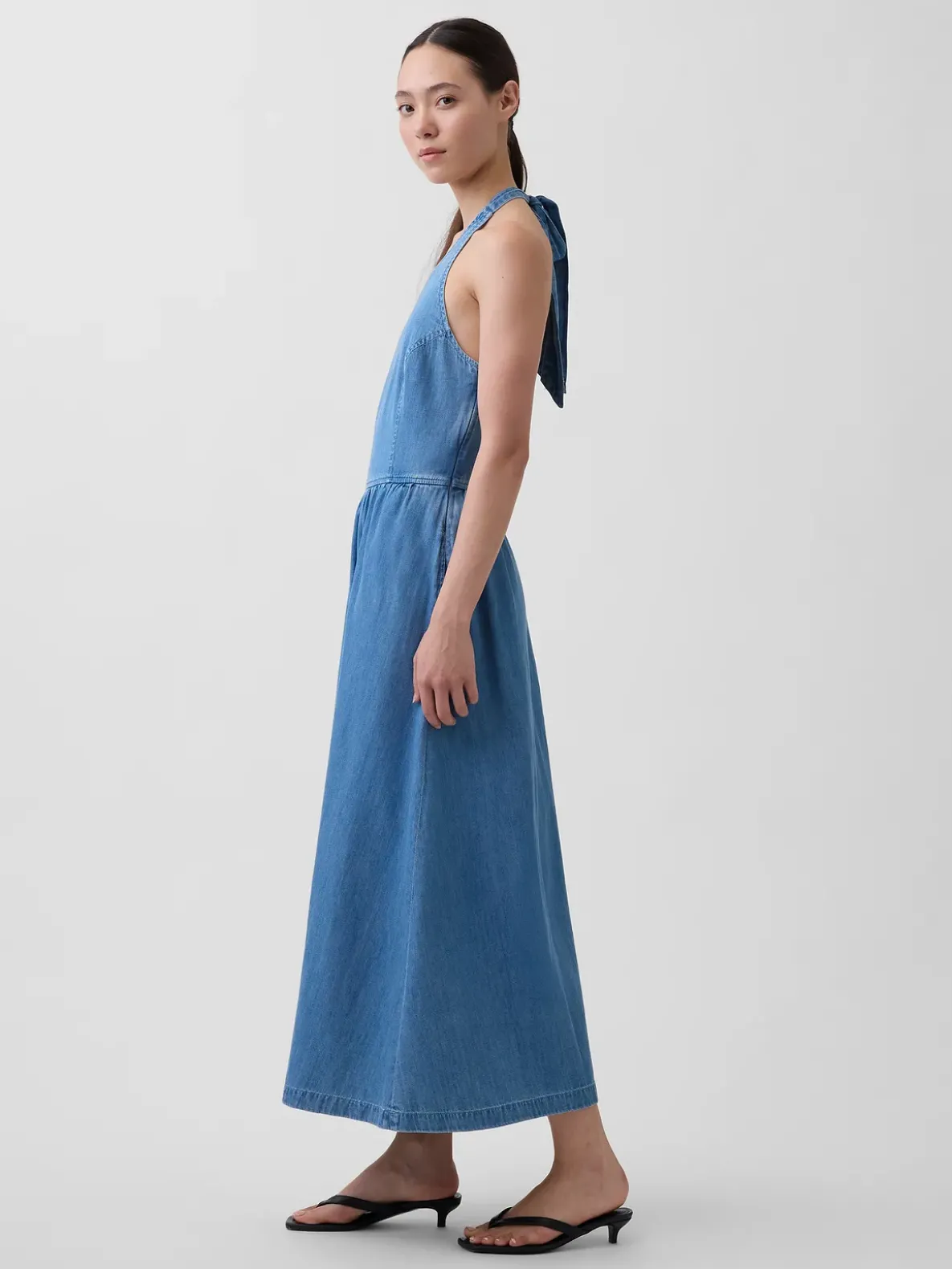 Denim Tie-Back Halter Maxi Dress