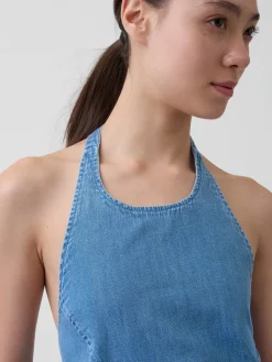 Denim Tie-Back Halter Maxi Dress