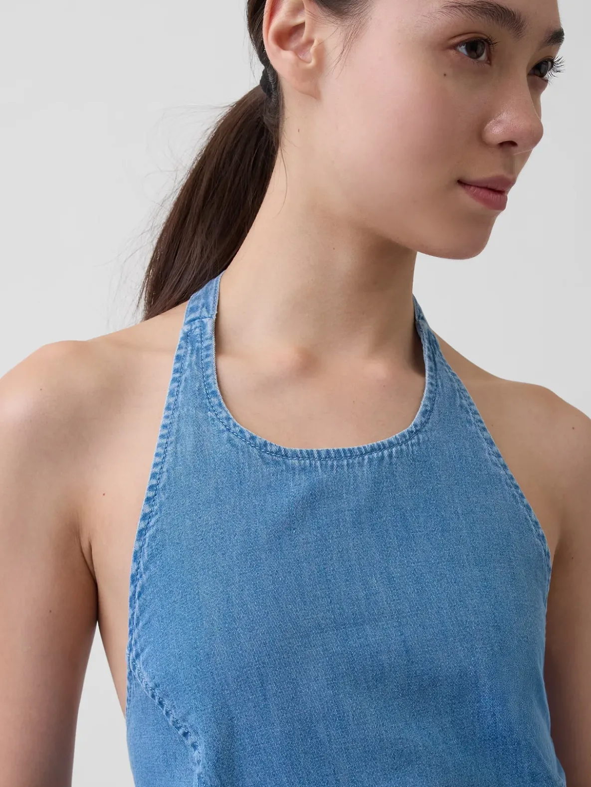 Denim Tie-Back Halter Maxi Dress
