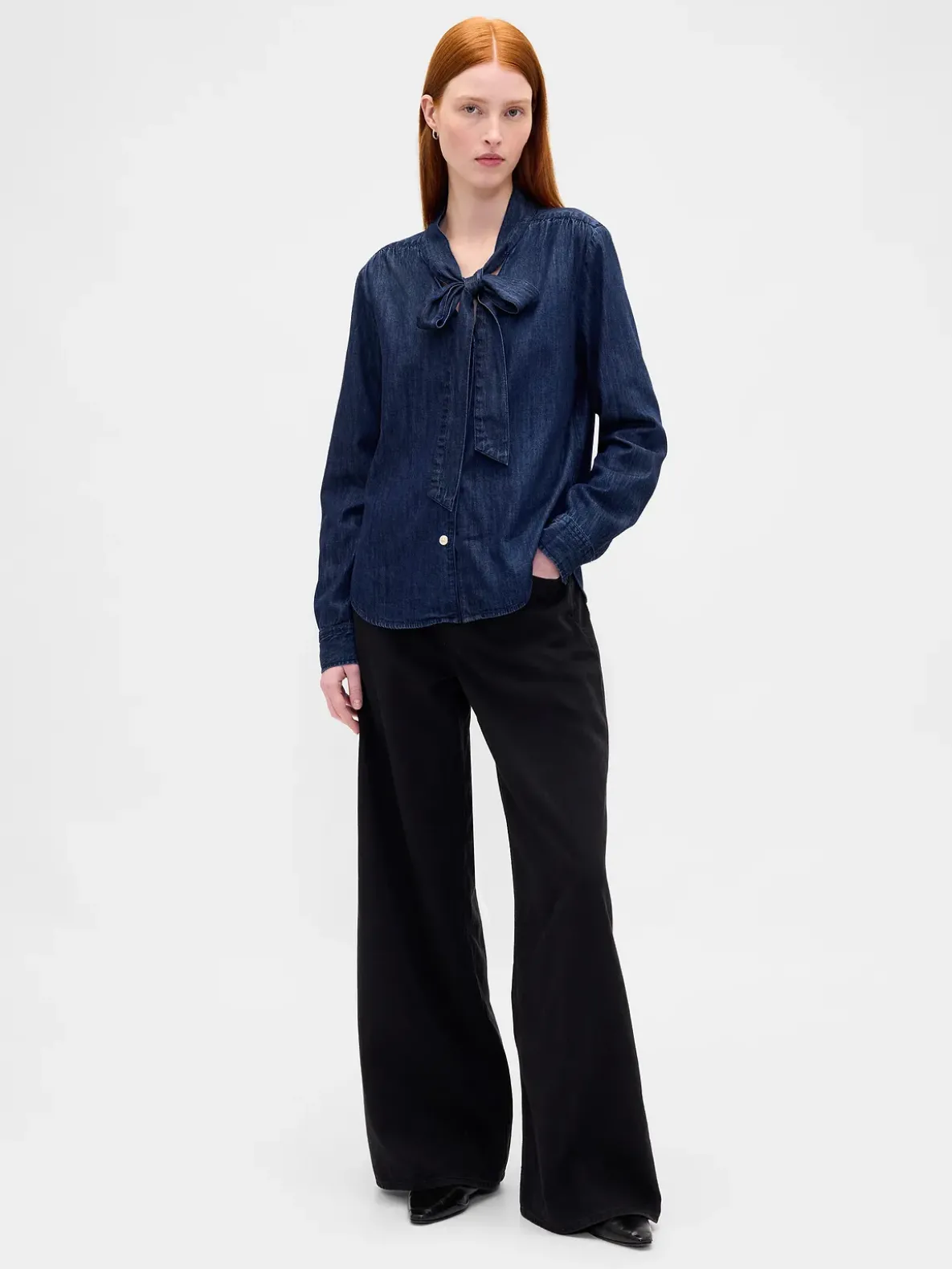 Denim Tie-Neck Shirt