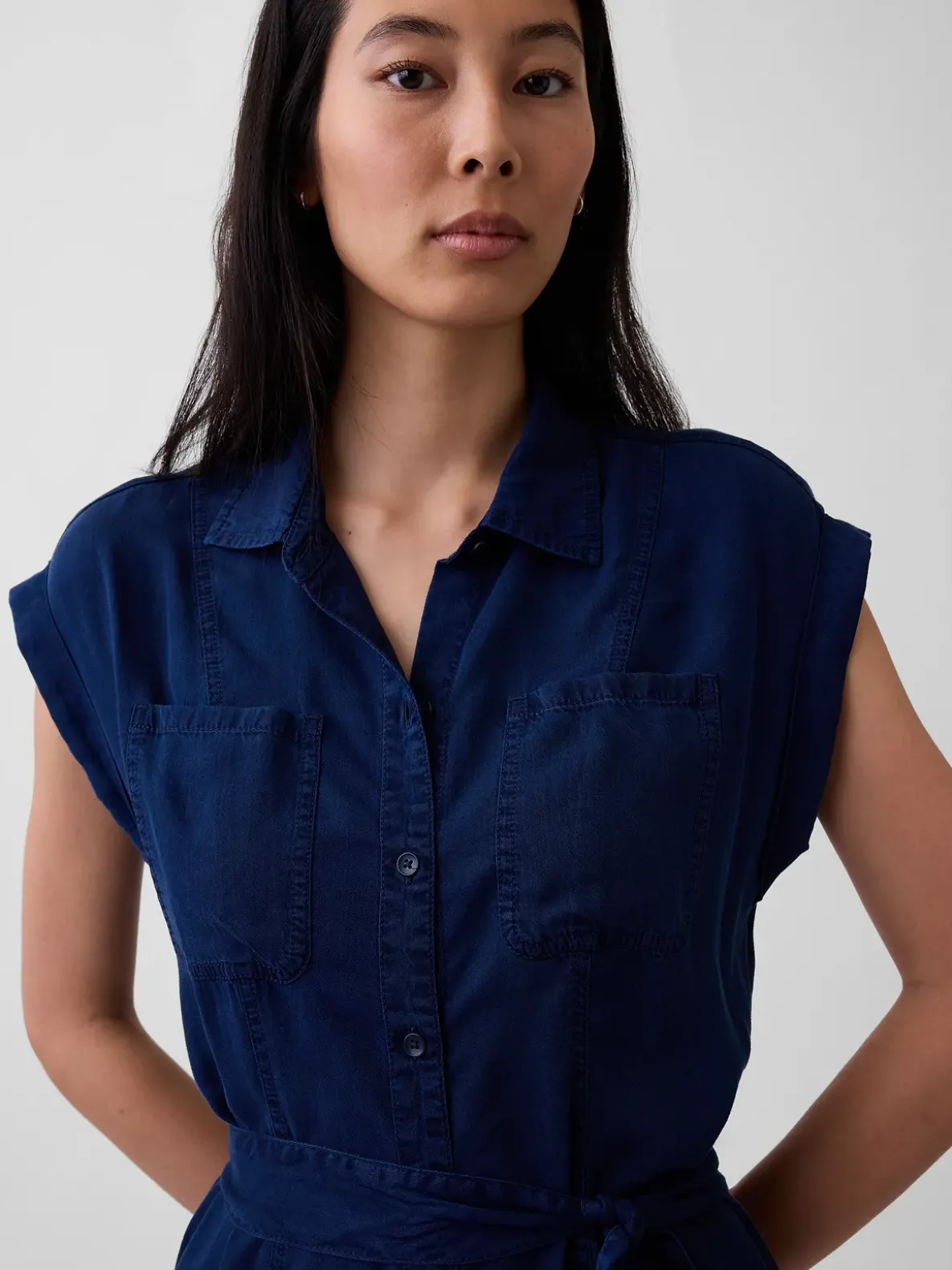 Denim Tie-Waist Utility Midi Dress