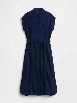 Denim Tie-Waist Utility Midi Dress