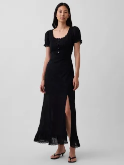Embroidered Puff-Sleeve Maxi Dress