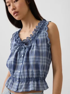 Eyelet Tie-Front Crop Peplum Top