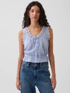 Eyelet Tie-Front Crop Peplum Top