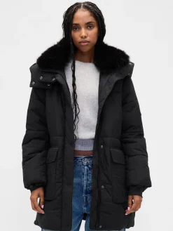 Faux Fur-Trim Midi Puffer Jacket