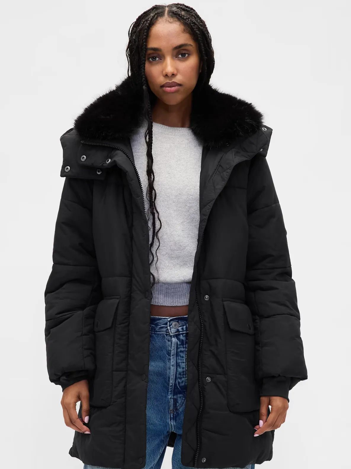 Faux Fur-Trim Midi Puffer Jacket