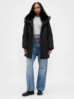 Faux Fur-Trim Midi Puffer Jacket