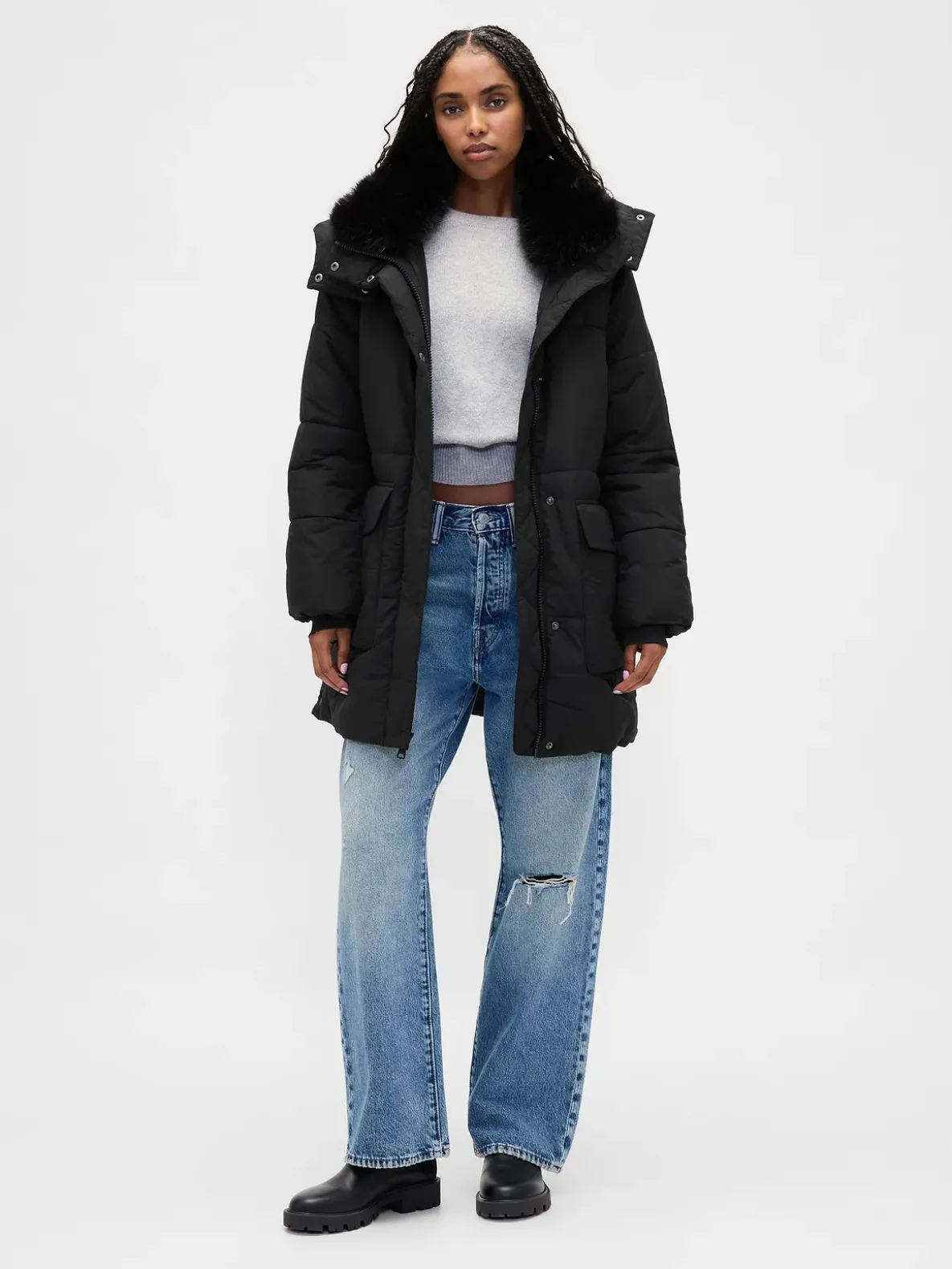Faux Fur-Trim Midi Puffer Jacket