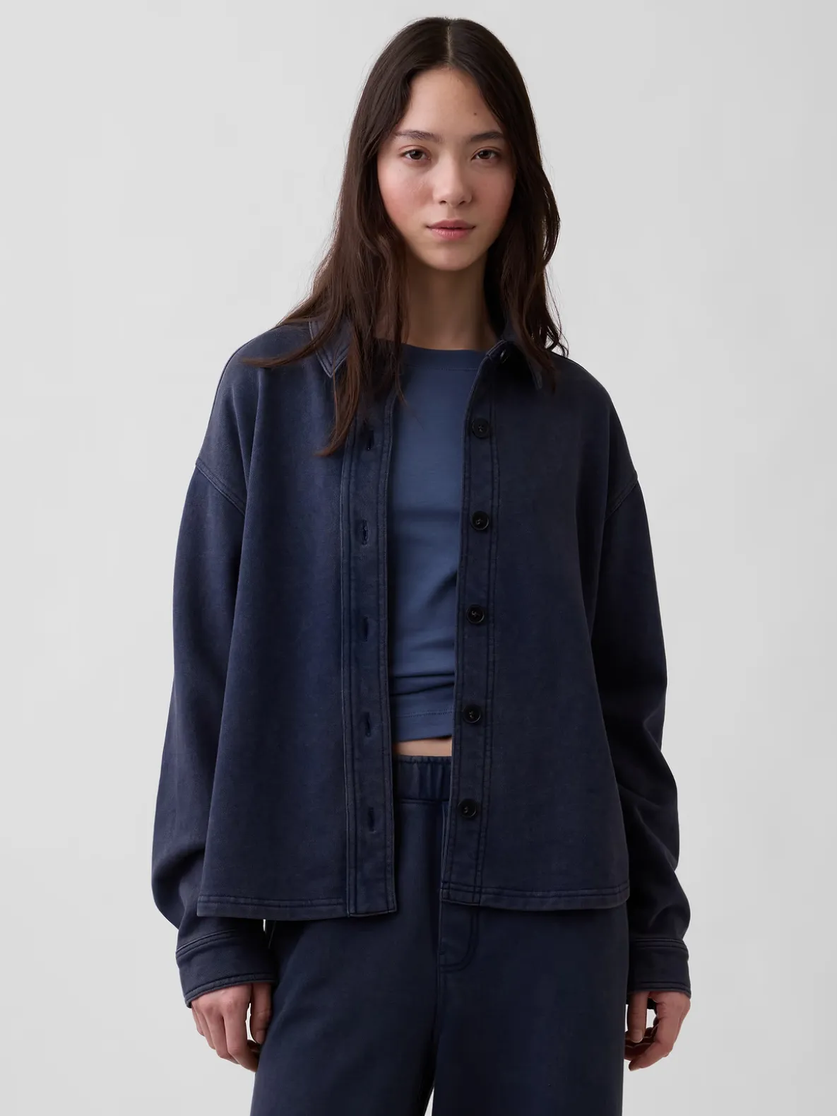 French Terry Oversized Button-Front Shirt