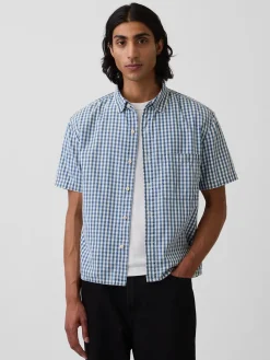 Gingham Denim Relaxed Straight-Hem Shirt
