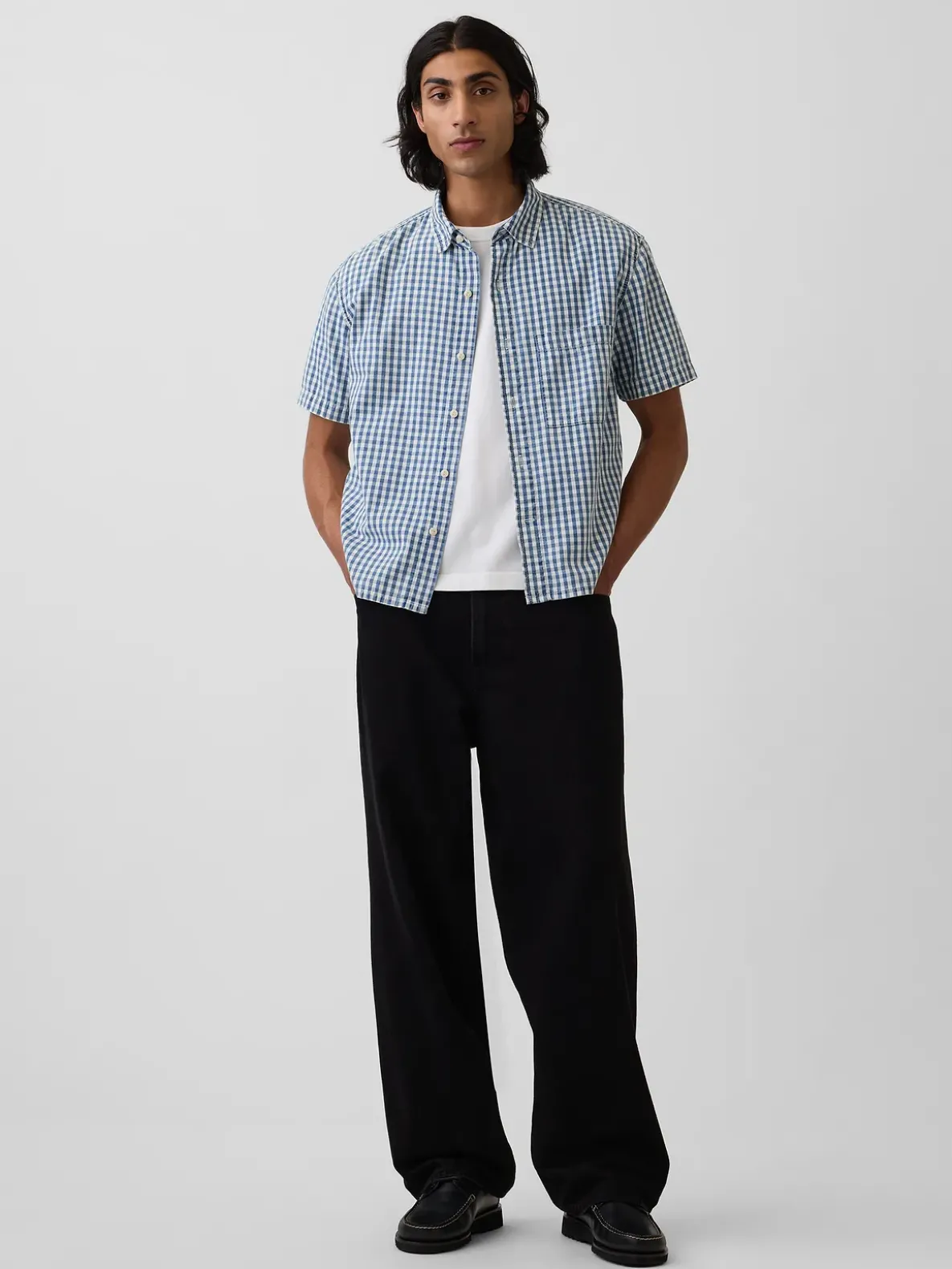 Gingham Denim Relaxed Straight-Hem Shirt