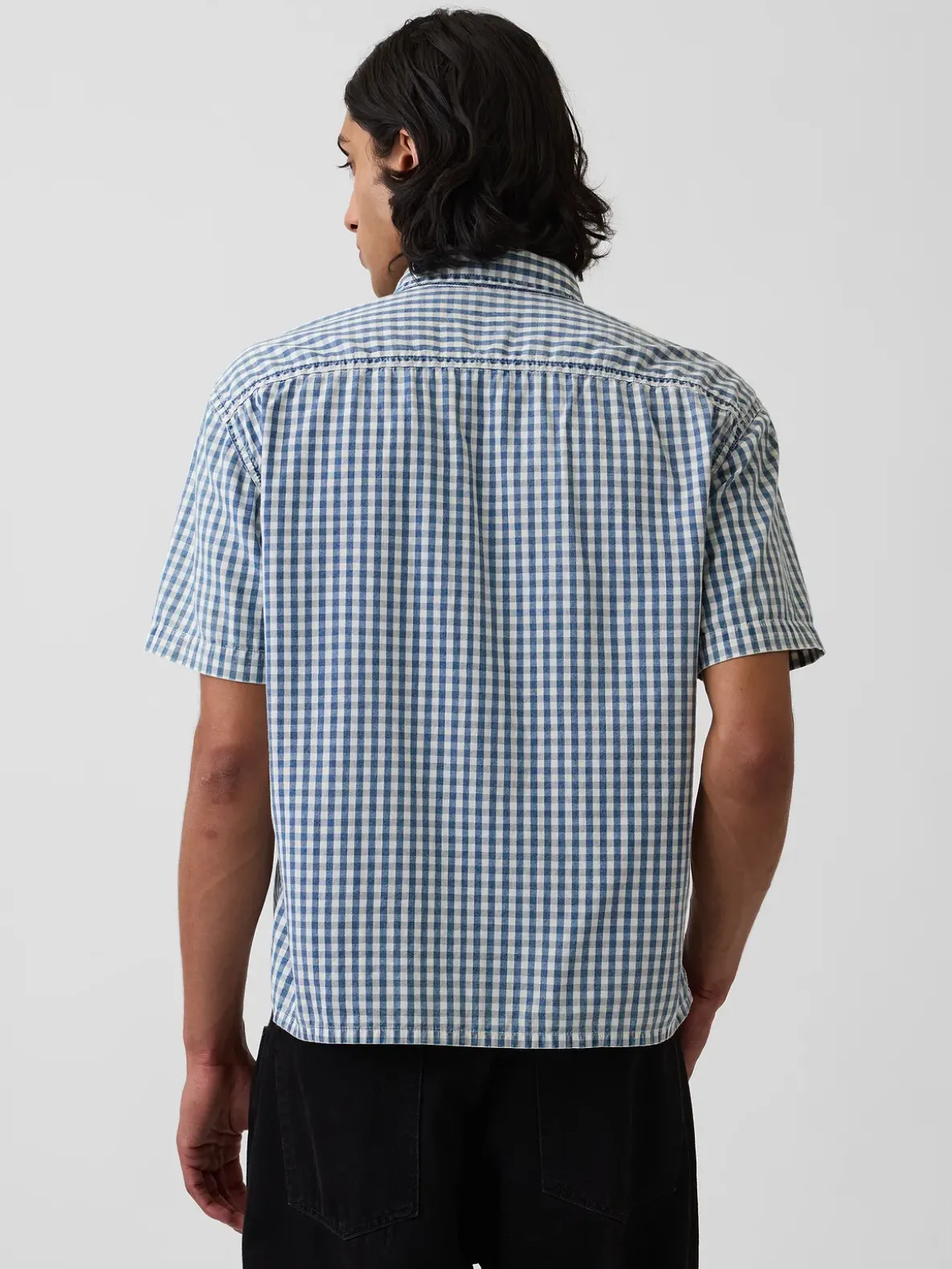 Gingham Denim Relaxed Straight-Hem Shirt