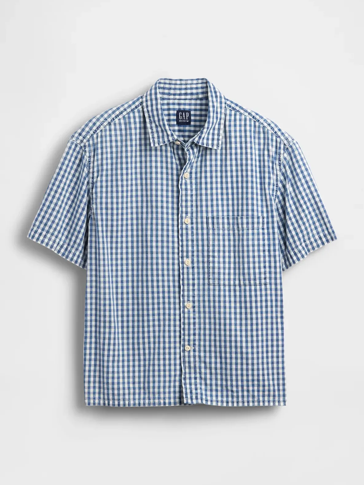 Gingham Denim Relaxed Straight-Hem Shirt