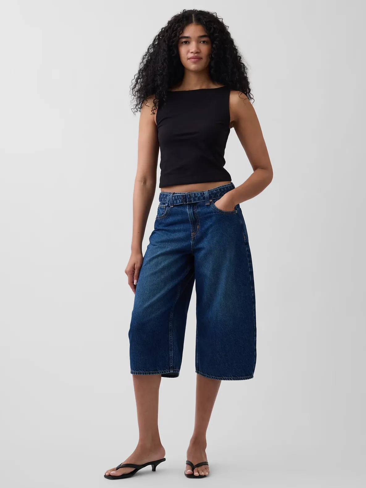 High Rise Belted Culotte Barrel Jeans