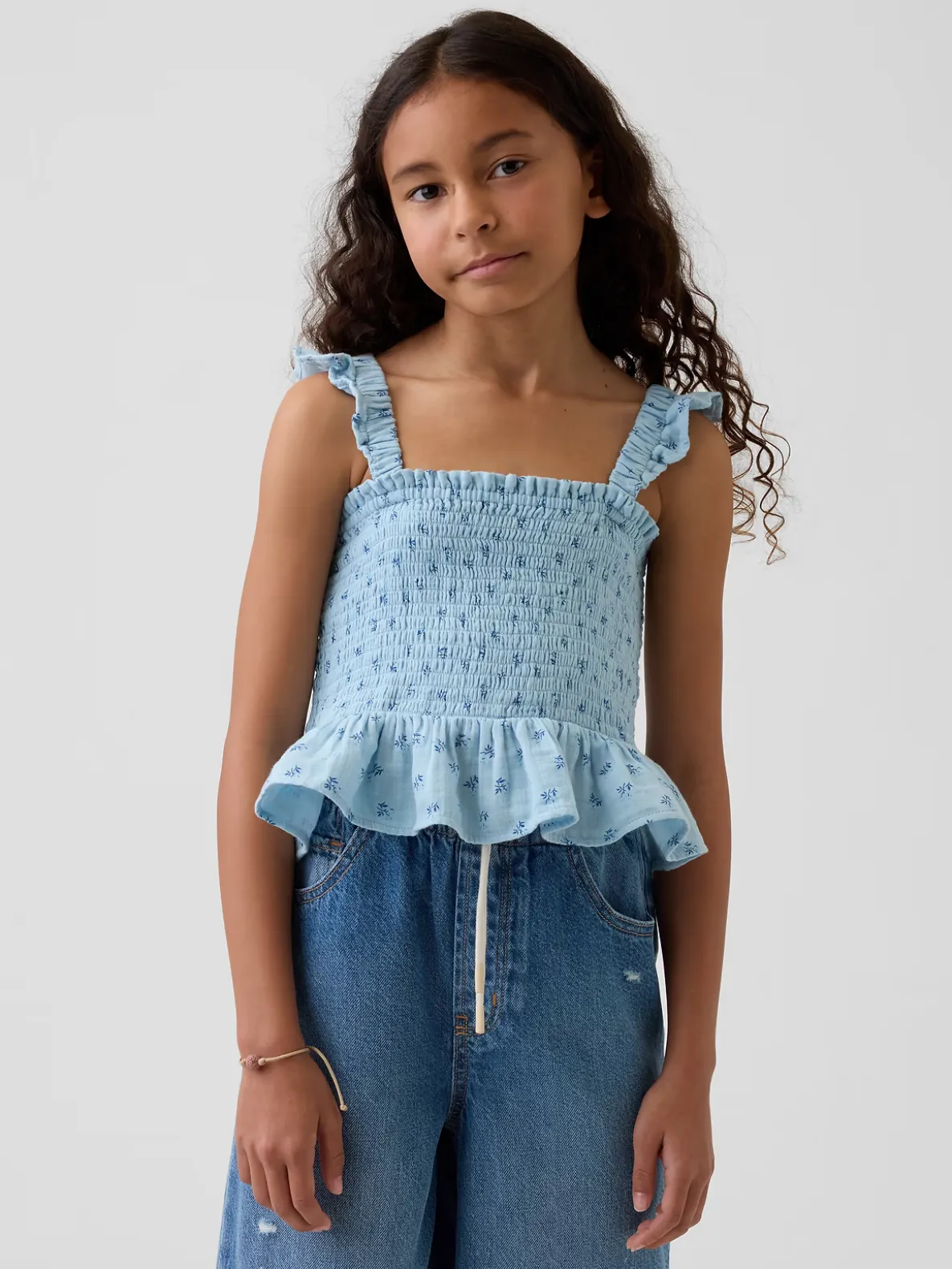 Kids Cotton Gauze Smocked Peplum Top