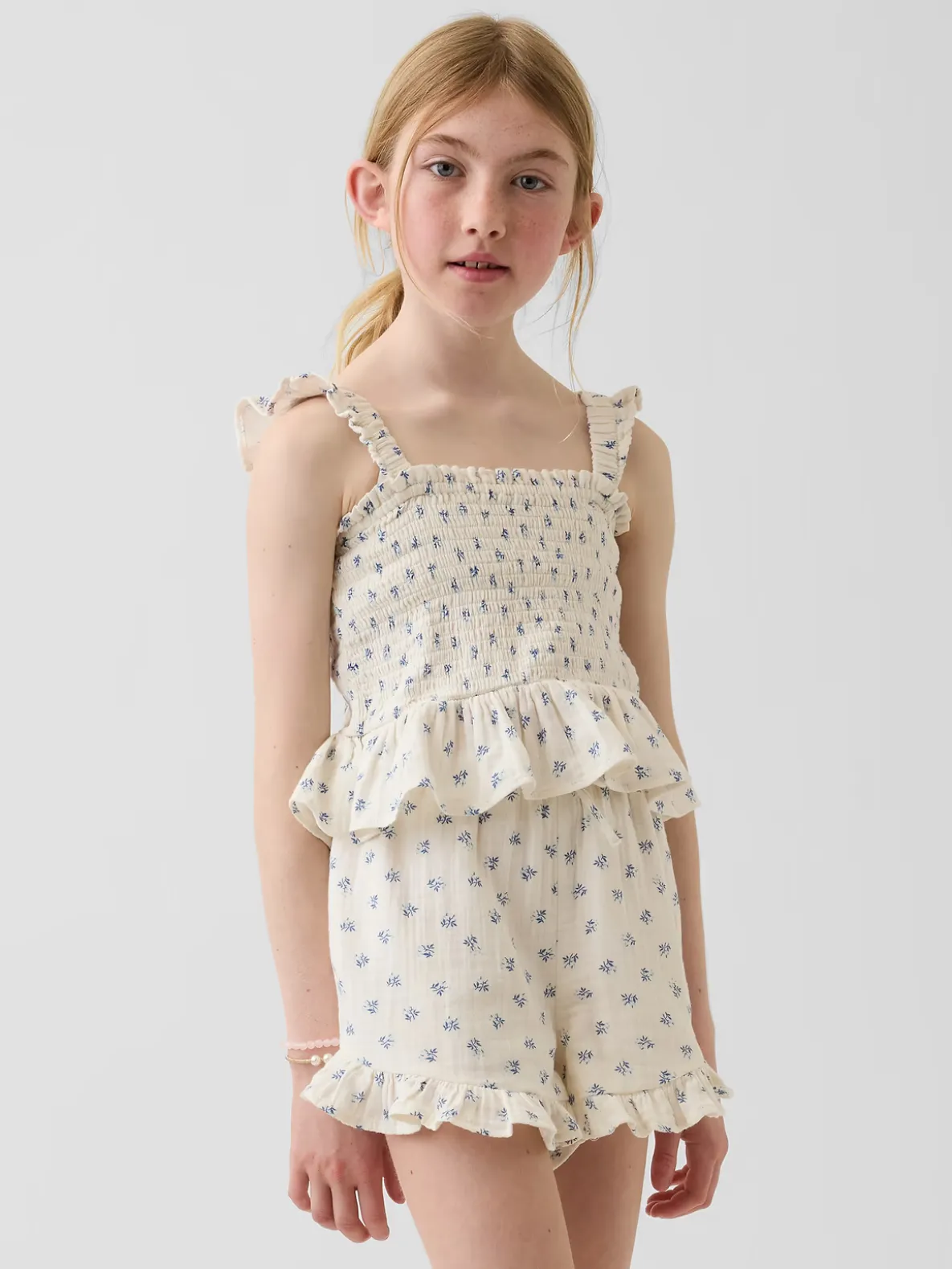 Kids Cotton Gauze Smocked Peplum Top