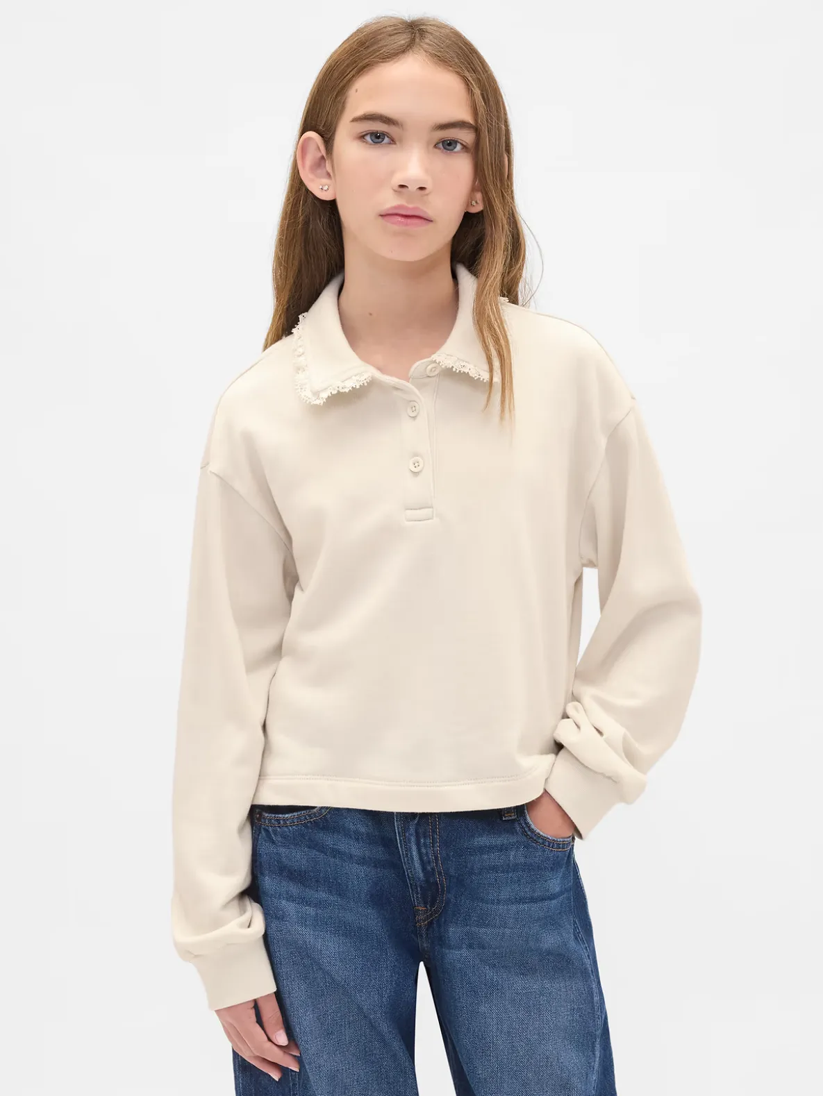 Kids French Terry Lace-Trim Polo Sweatshirt