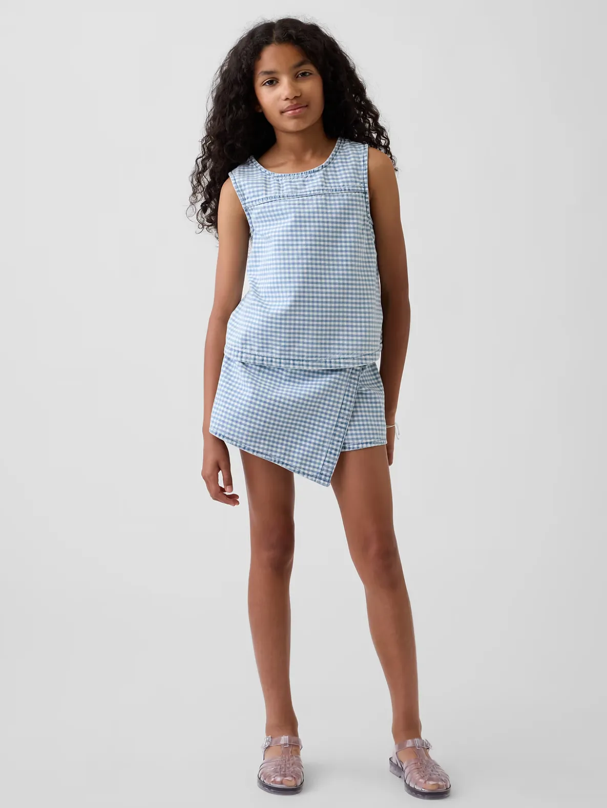 Kids Gingham Denim Wrap-Front Mini Skort