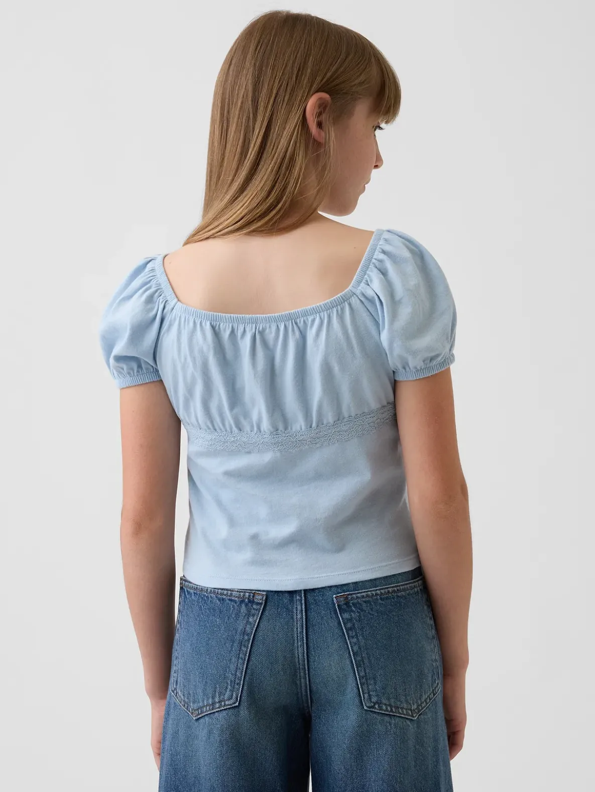 Kids Lace-Trim Puff-Sleeve Top