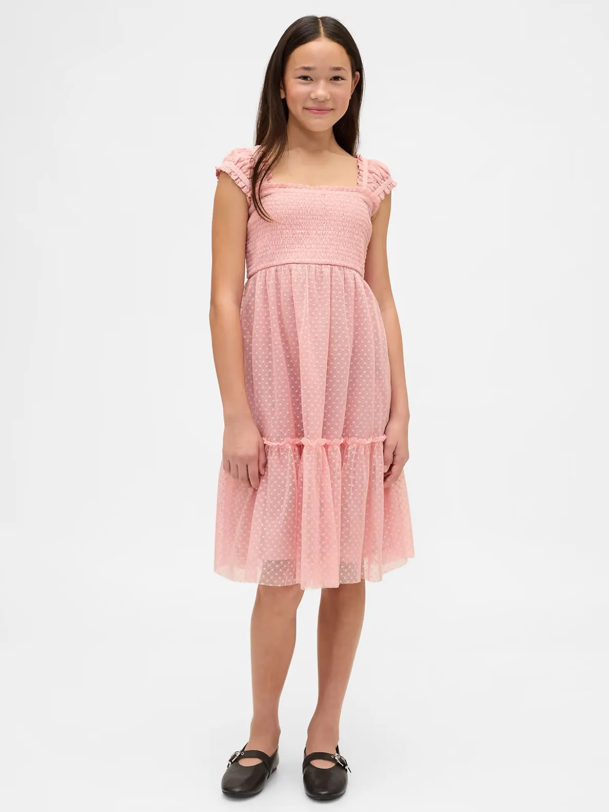 Kids Mesh Ruffle Cap-Sleeve Dress
