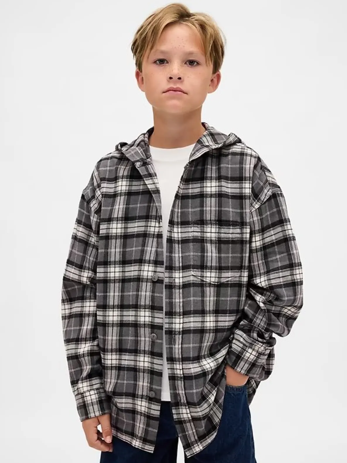 Kids Organic Cotton Hooded Flannel Shirt
