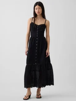 Lace-Trim Button-Front Maxi Dress