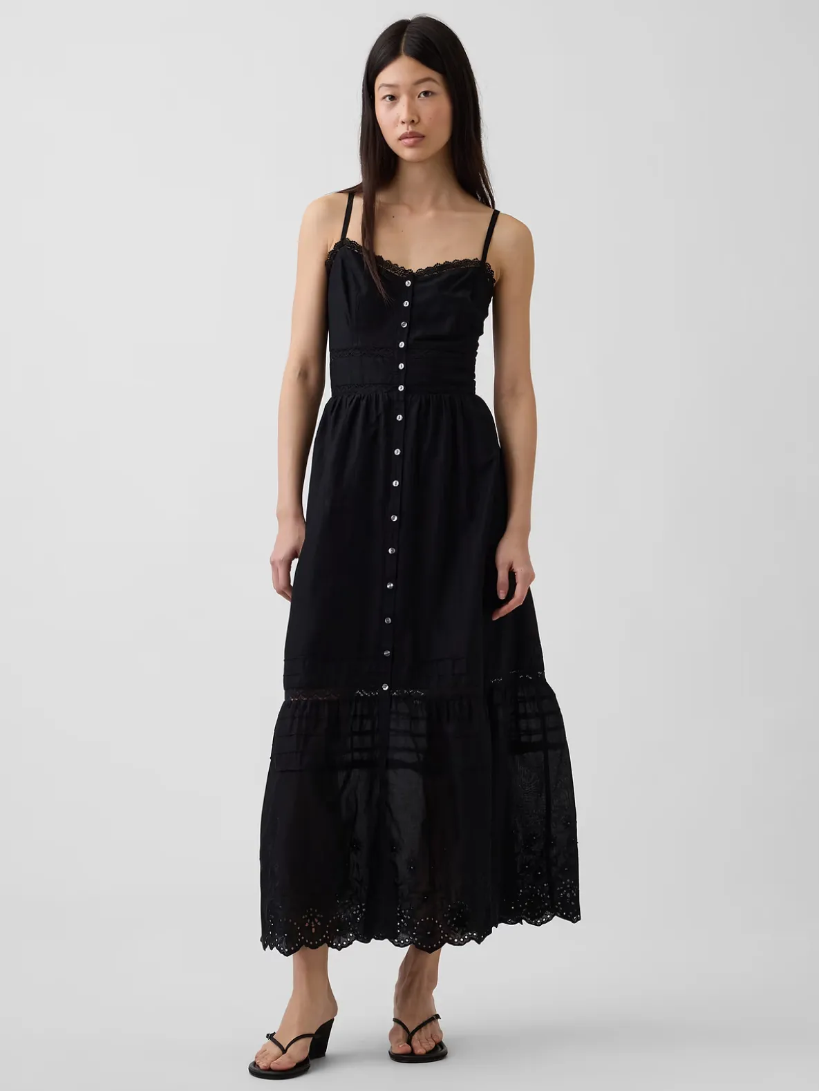 Lace-Trim Button-Front Maxi Dress