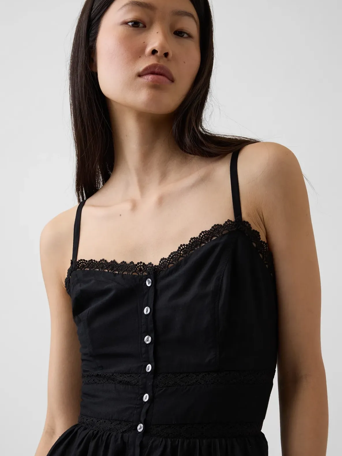 Lace-Trim Button-Front Maxi Dress