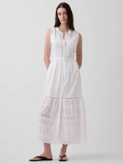Lace-Trim Tiered Midi Shirtdress