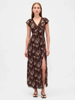 Lace-Trim V-Neck Crepe Maxi Dress