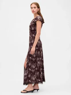 Lace-Trim V-Neck Crepe Maxi Dress