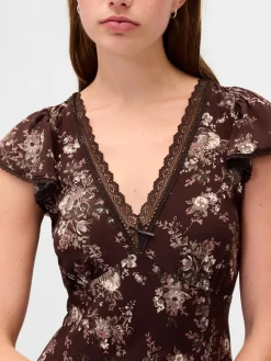 Lace-Trim V-Neck Crepe Maxi Dress