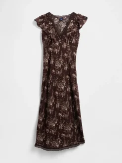 Lace-Trim V-Neck Crepe Maxi Dress