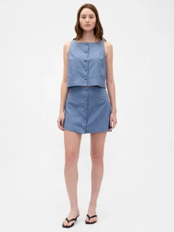Linen-Blend Button-Front Mini Skort
