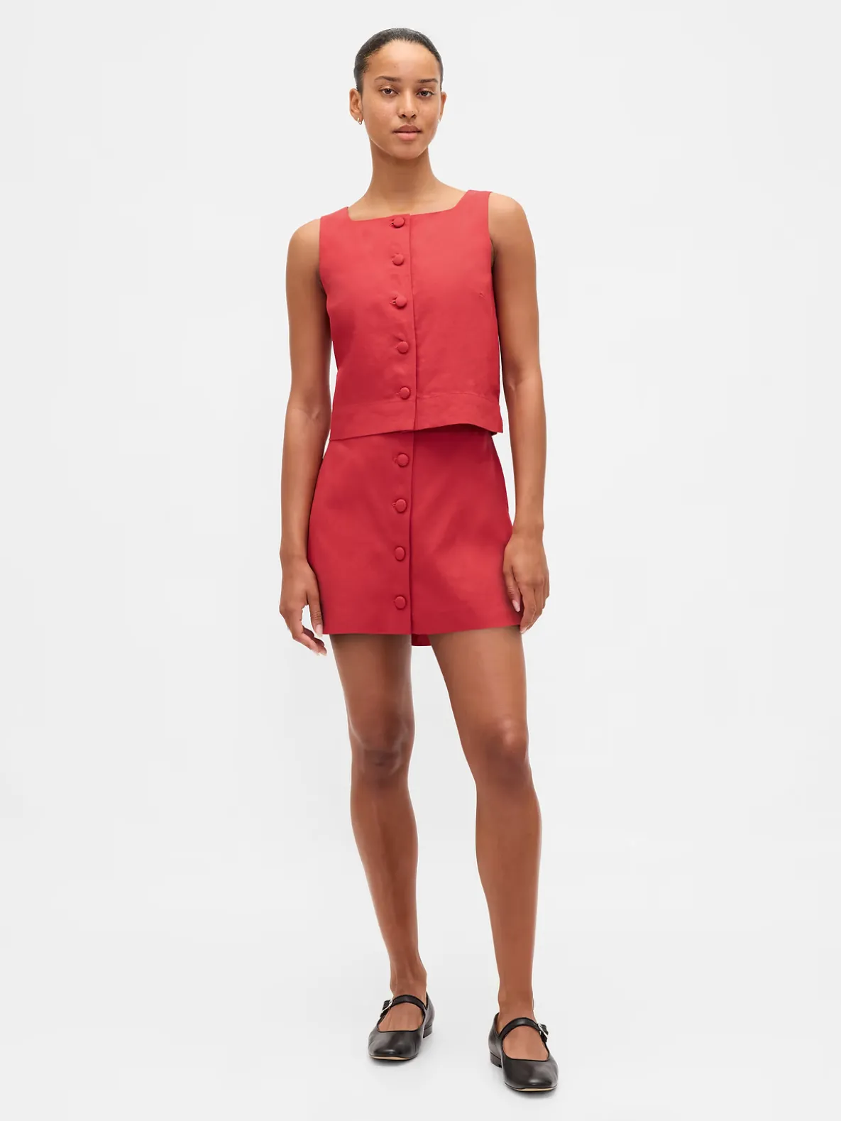 Linen-Blend Button-Front Mini Skort