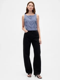 Linen-Blend Button-Front Shell Top