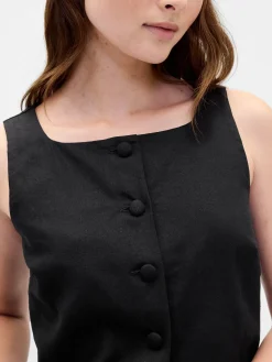 Linen-Blend Button-Front Shell Top