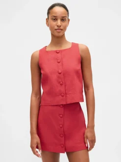 Linen-Blend Button-Front Shell Top