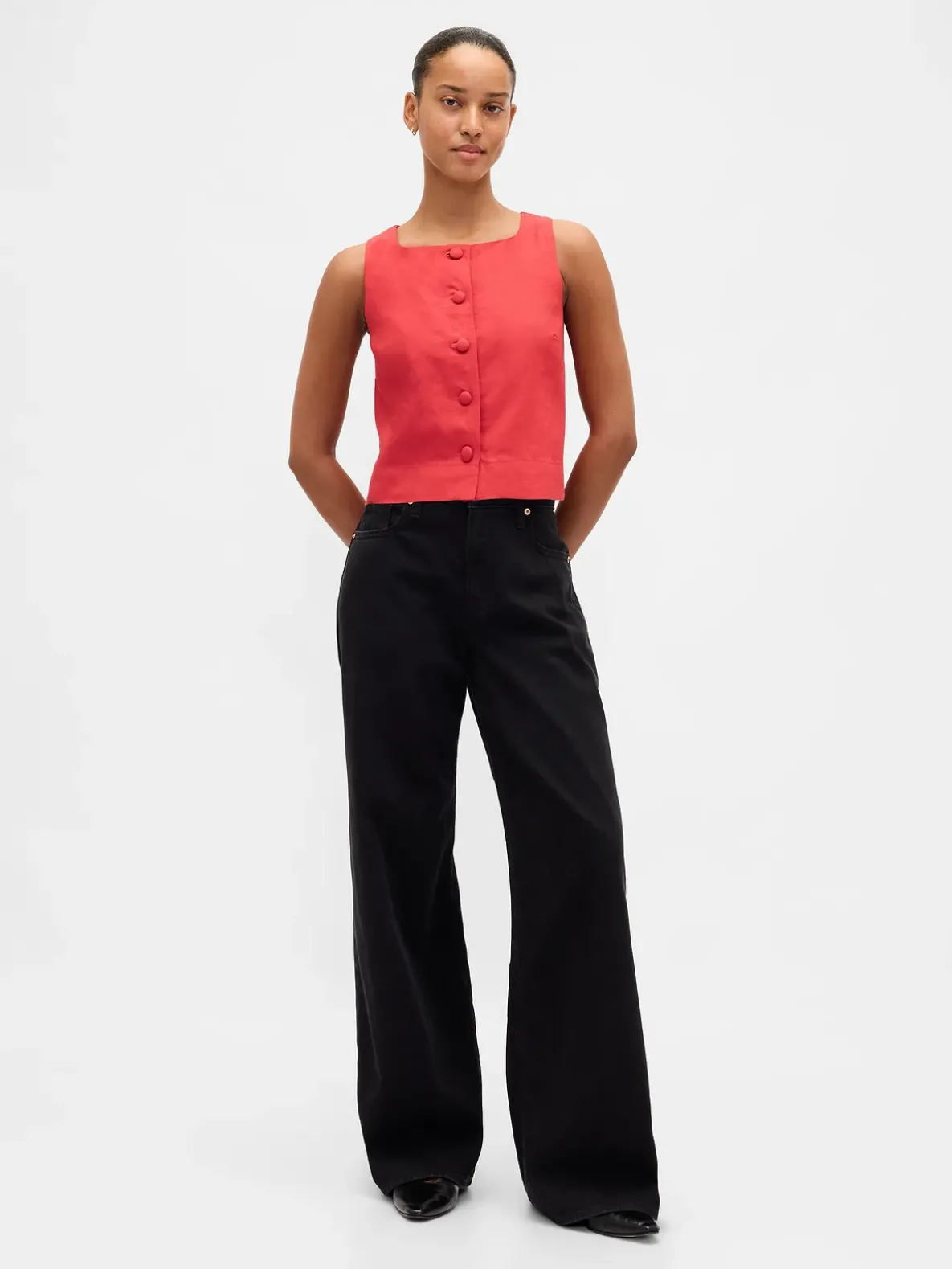 Linen-Blend Button-Front Shell Top