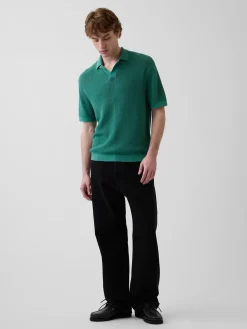 Linen-Blend Camp Polo Sweater Shirt