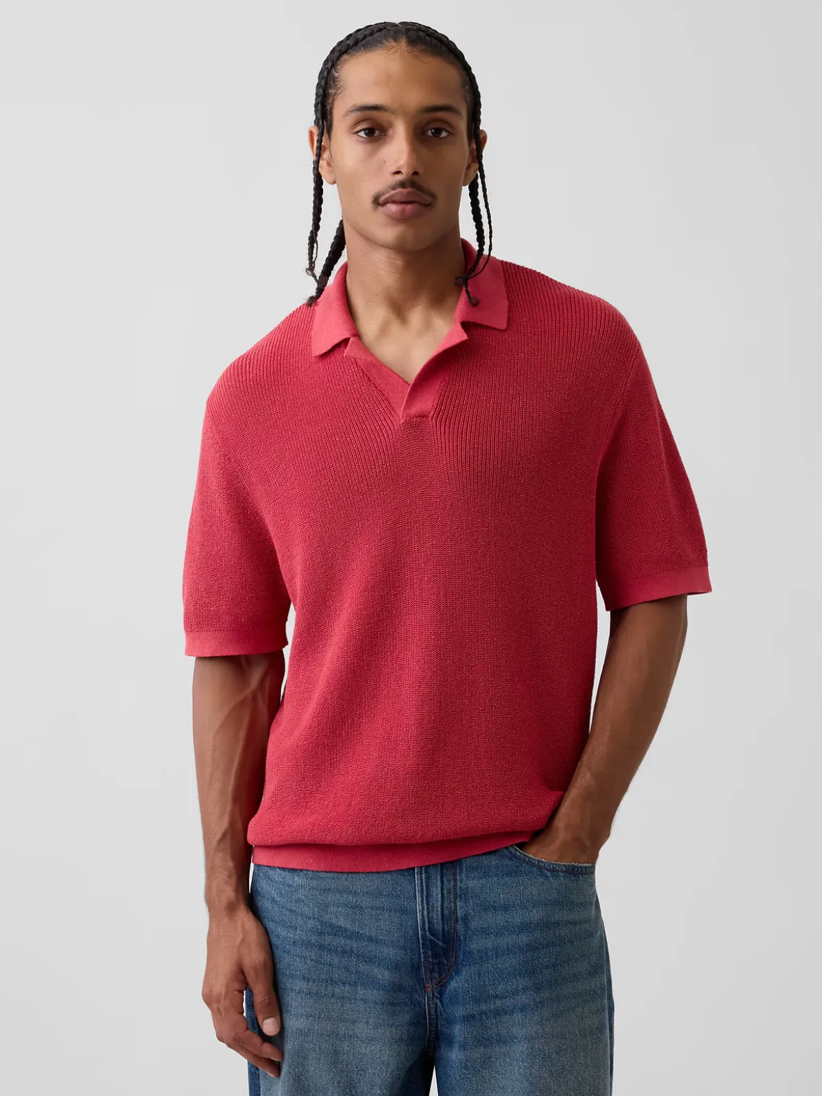 Linen-Blend Camp Polo Sweater Shirt