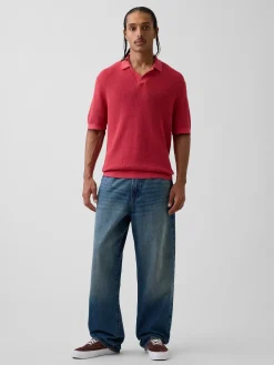 Linen-Blend Camp Polo Sweater Shirt
