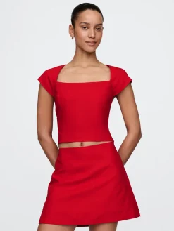 Linen-Blend Cap-Sleeve Crop Top