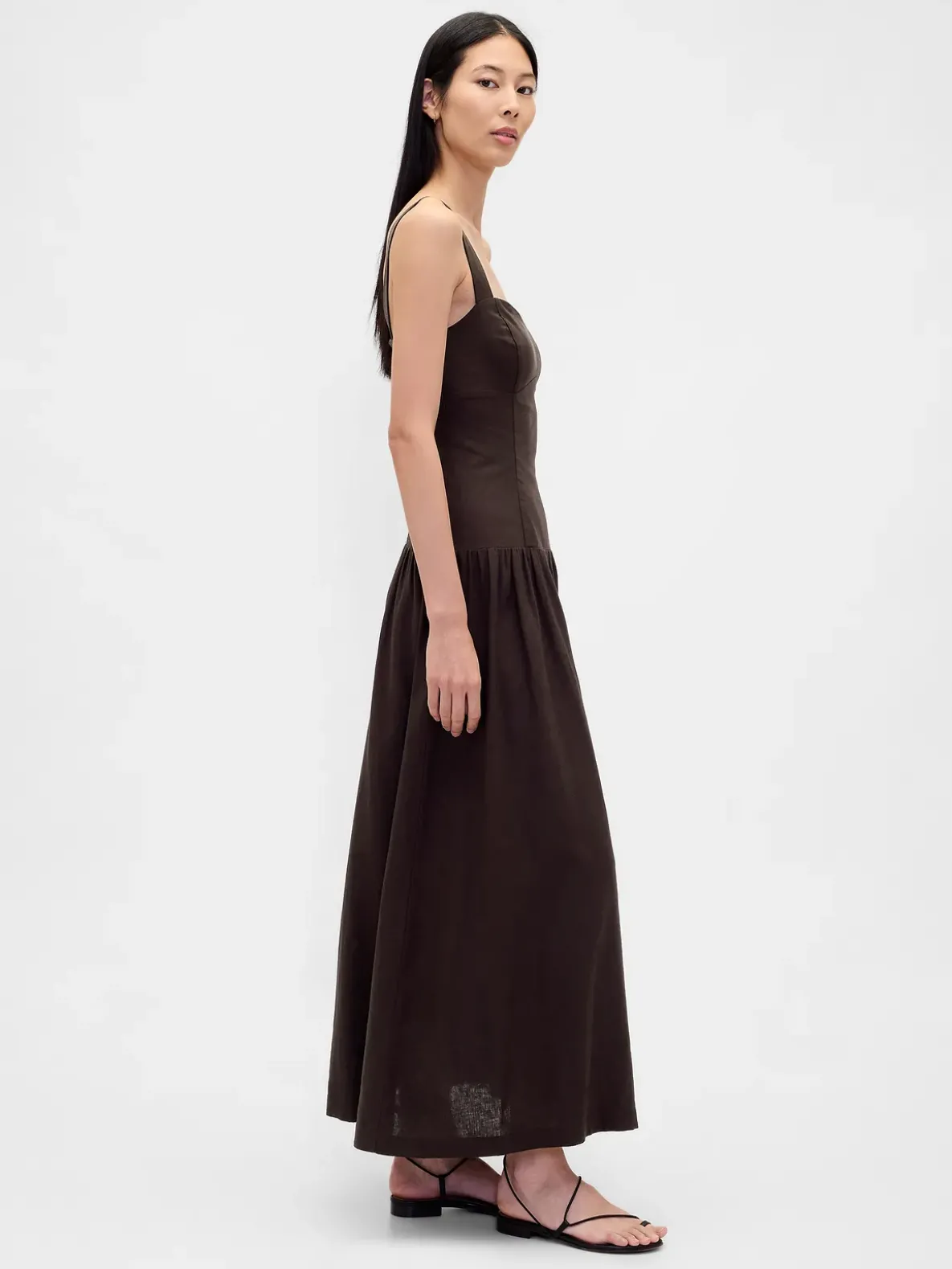 Linen-Blend Drop-Waist Corset Maxi Dress